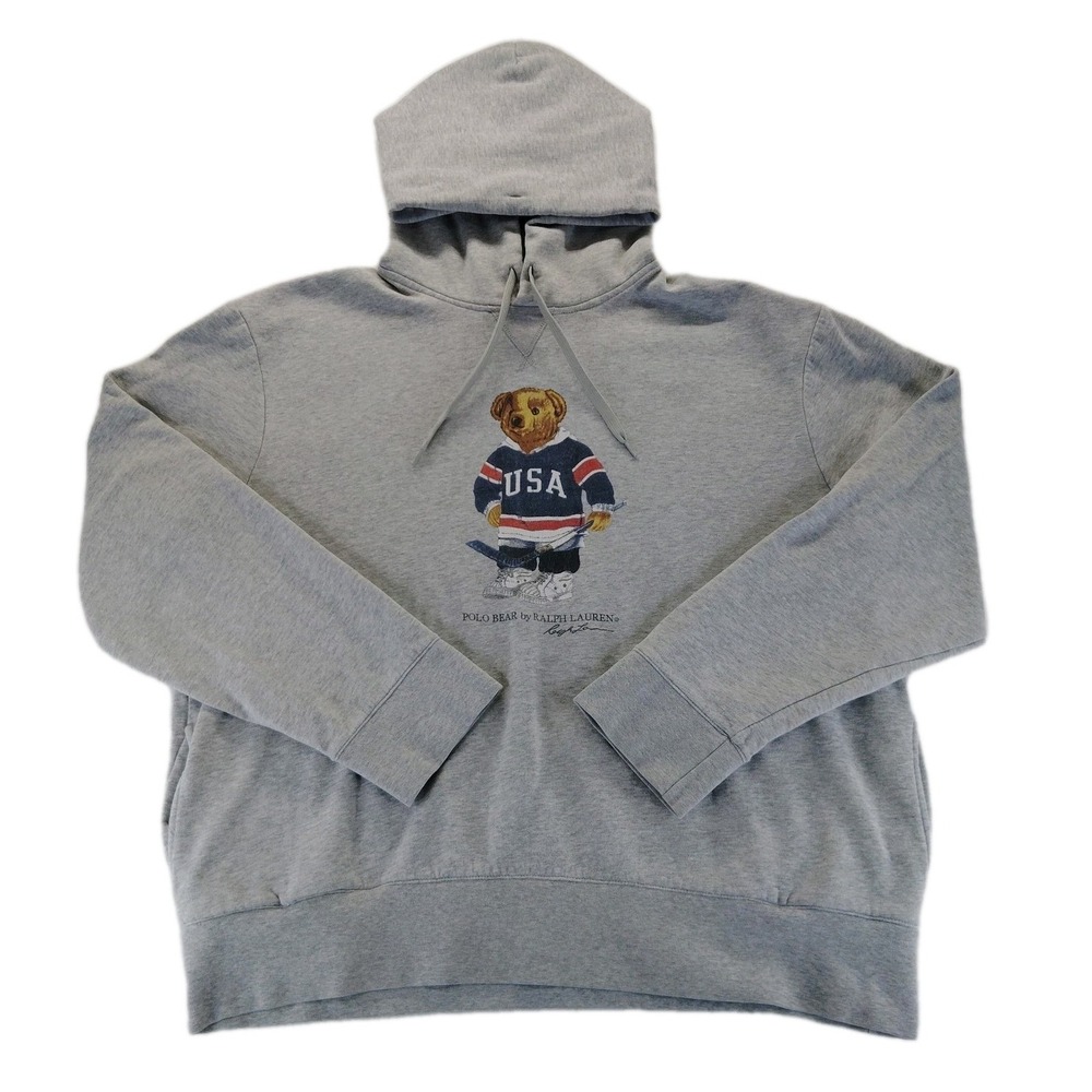 Polo Ralph Lauren Bear Hoodie Mens XXL Gray USA Hockey Pullover Drawstring